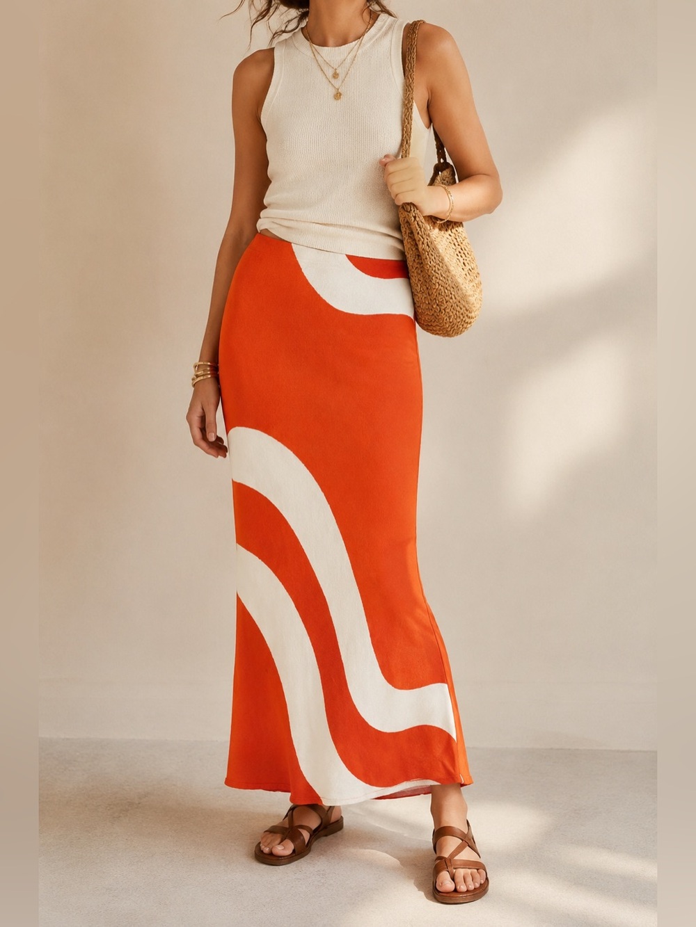 Anthropologie Tilda Linen Maxi Slip Skirt Orange Wave Size S MSRP $148